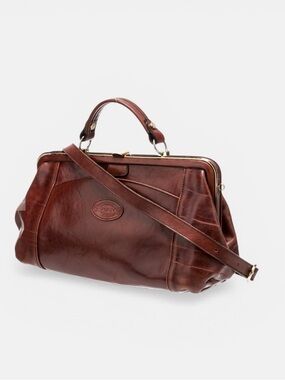Oroton Brown Leather Doctor Bag Frame Satchel Kiss Lock Top Handle Crossbody Vtg